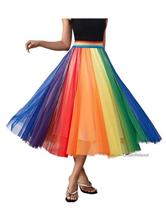 Dresses & Skirts - Women Pleated Long Tulle Skirt High Elastic Waist Swing Casual Midi Skirt